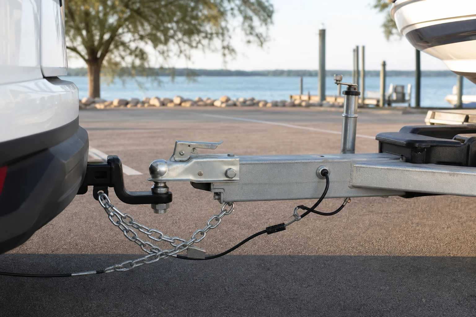 Boat trailer hitch, crossed safety chains, and breakaway cable inspected in a Dallas-area marina lot