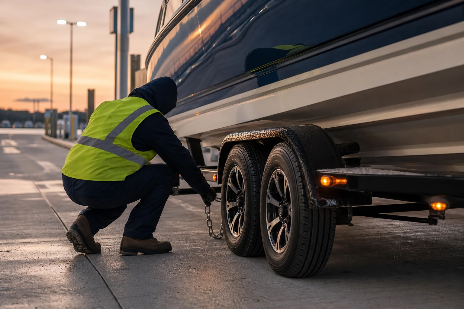 Professional inspecting boat trailer wheels and safety chain in a Dallas-area marina inspection lane at dusk